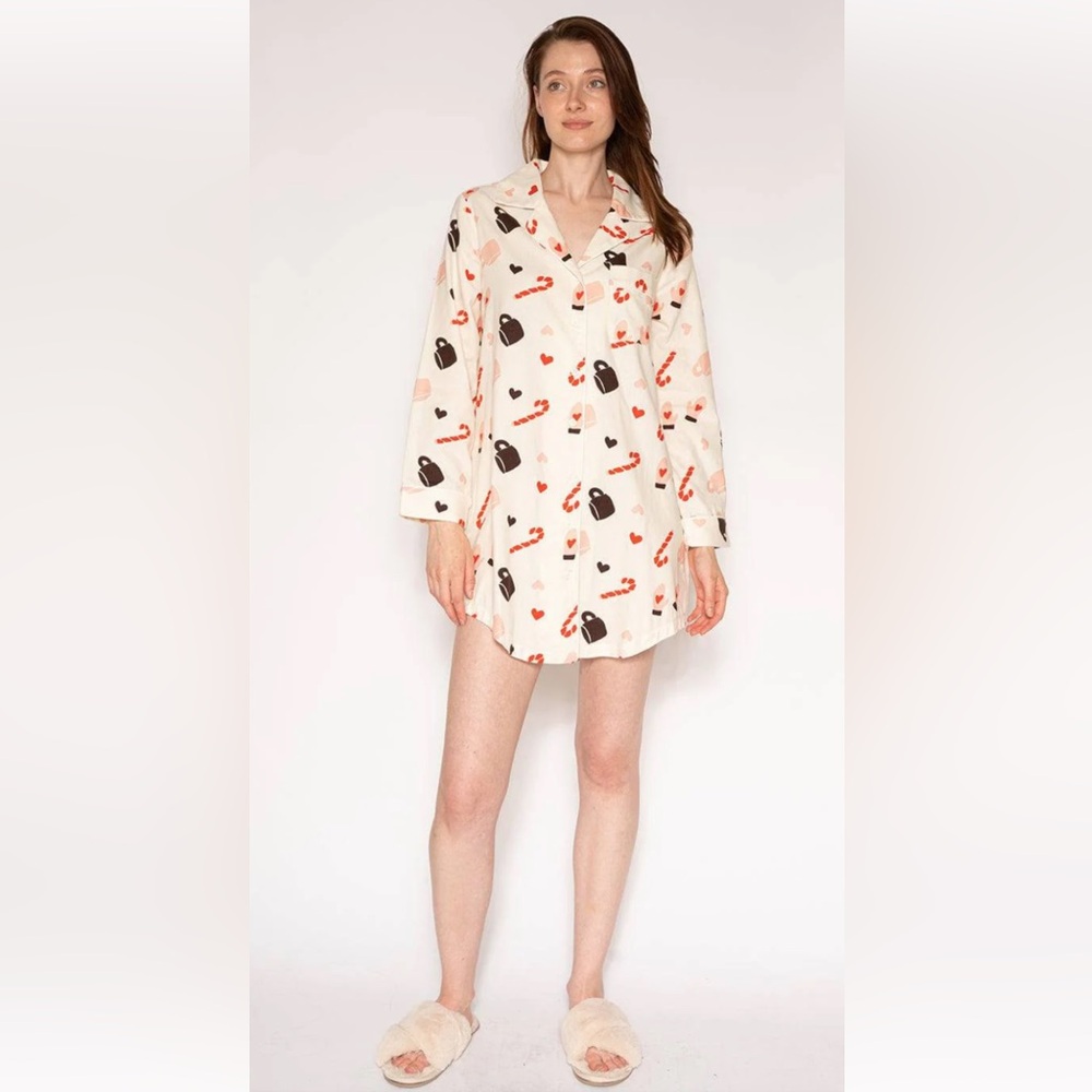 latte love button front flannel nightshirt size small